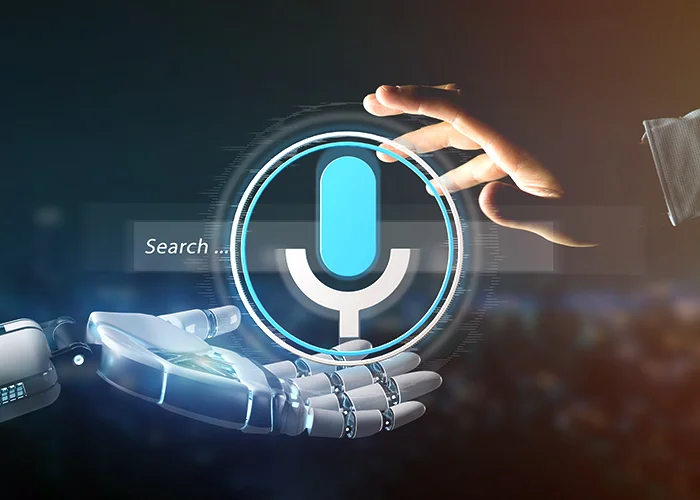 A person using voice search on a smartphone to find information for their business.