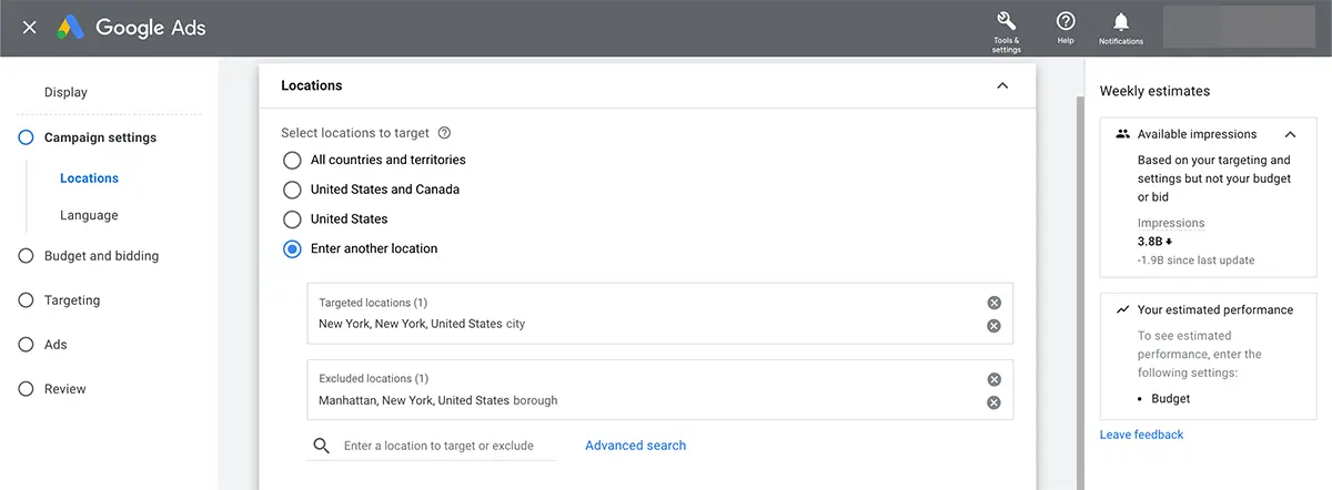 Location and language of google ads